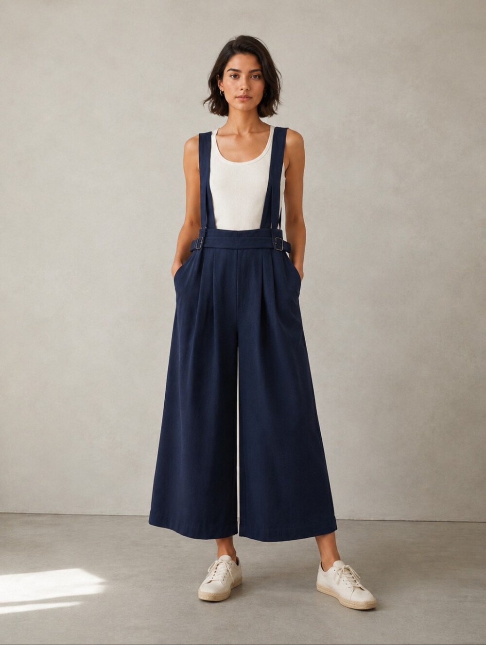 Anthropologie Navy Wide-Leg Suspender Jumpsuit